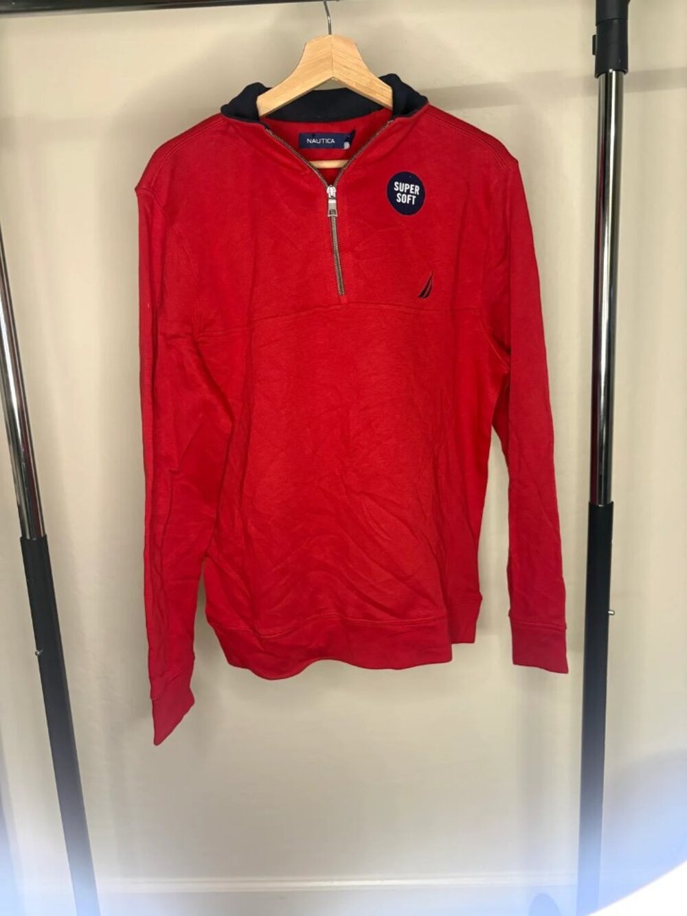 Nautica 1/4 Zip Sweatshirt Mens M Red Navy Collar Super Soft Pullover NWT $79.50